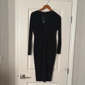 Fashion Nova Black Plunge Long Sleeve Bodycon Dress
